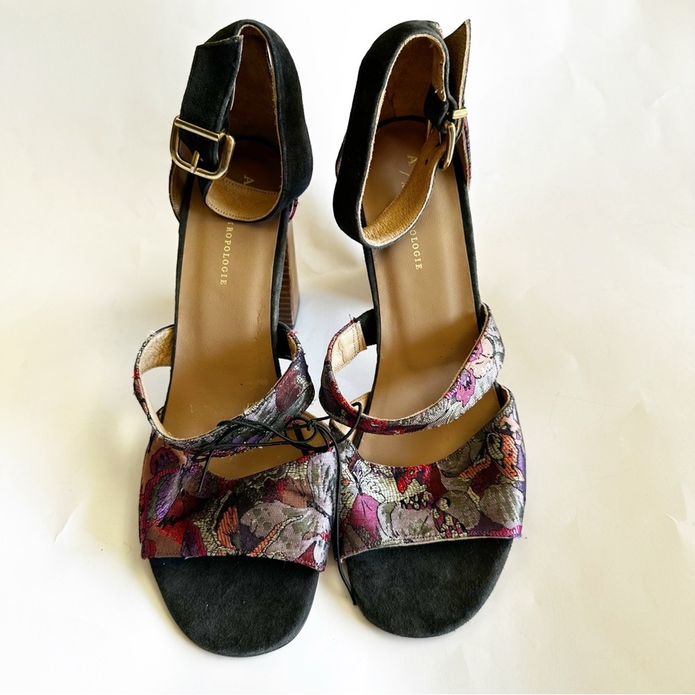 Anthropologie Women’s Tapestry Jacquard Floral Strappy Block Heel Sandals 39